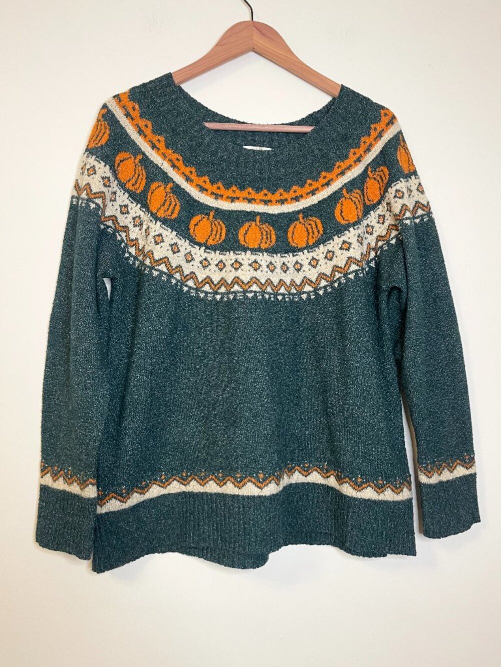 Maurices 0X Pumpkin Fair Isle Sweater Green Orange Fall Halloween Cozy